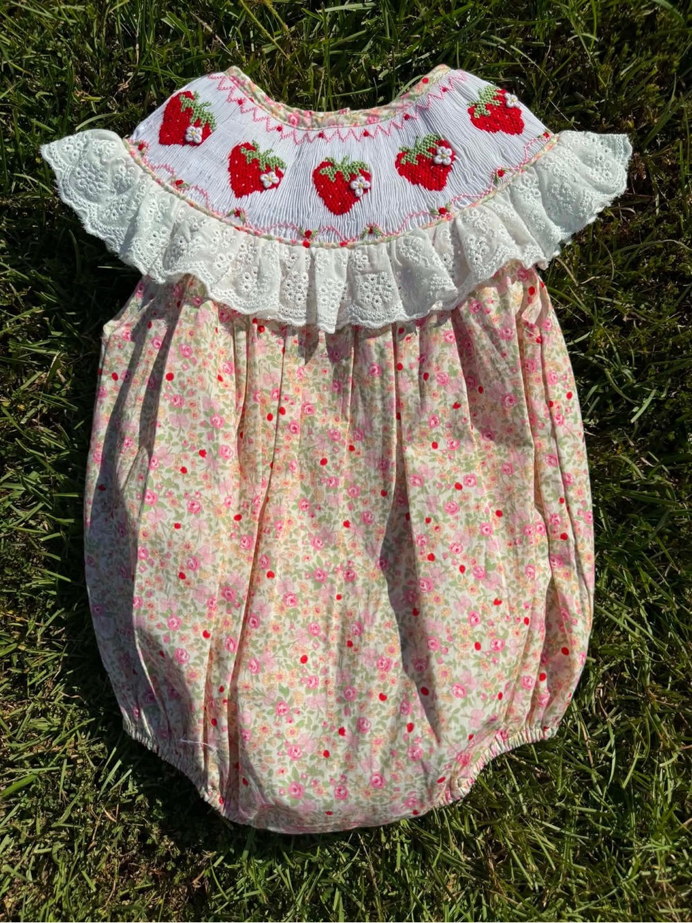 Strawberry-Floral Hand Smocked Bubble